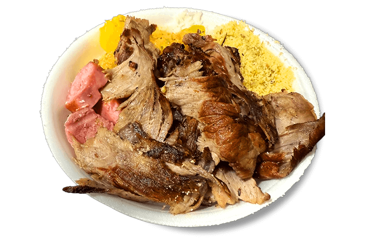 marmita com linguiça, carne e farofa